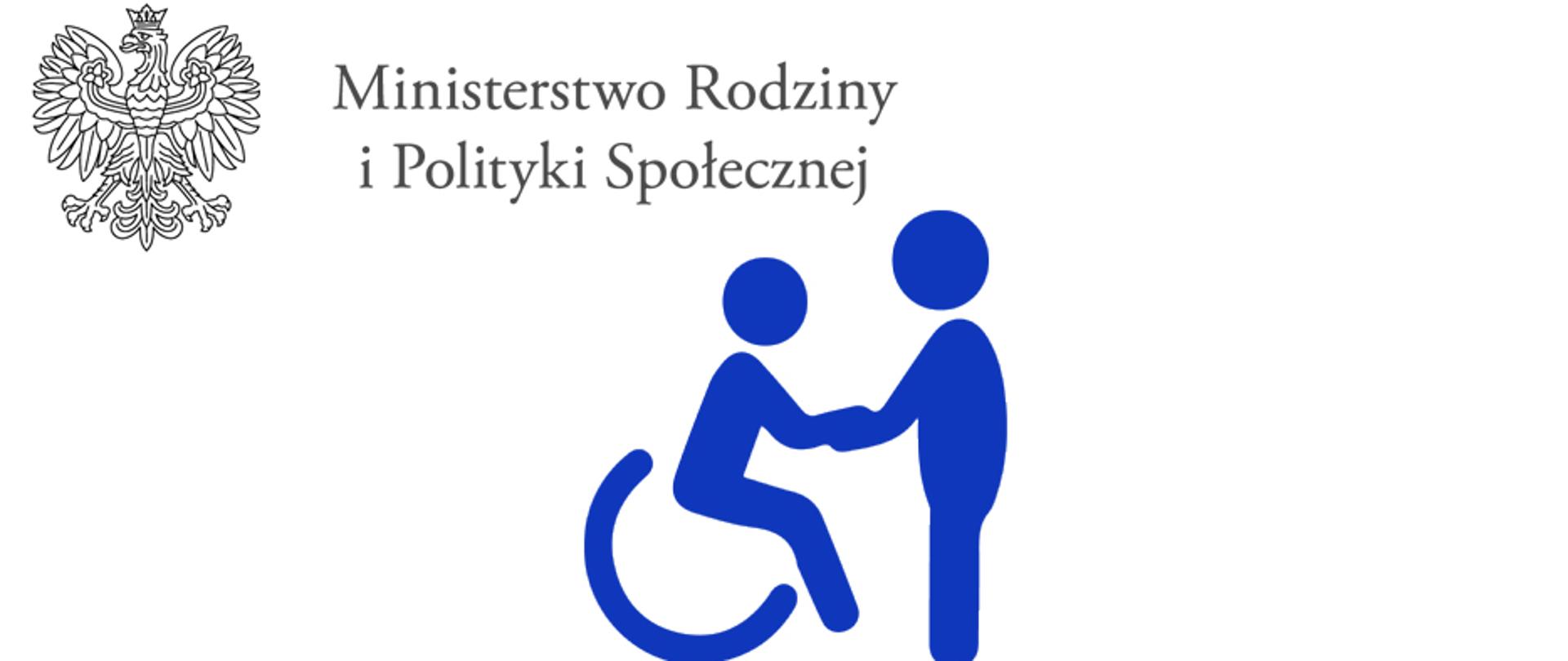 Logo Osoby Niepełnosprawnej  witającej się z osobą pełnosprawną, Powyżej znajuje się logotyp Ministerstwa.